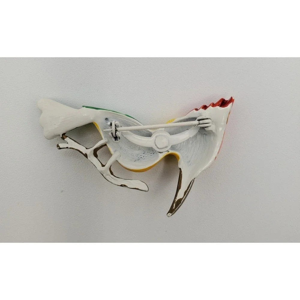 Vtg Colorful Enameled Metal Woodpecker Bird w Green Eye Brooch Pin